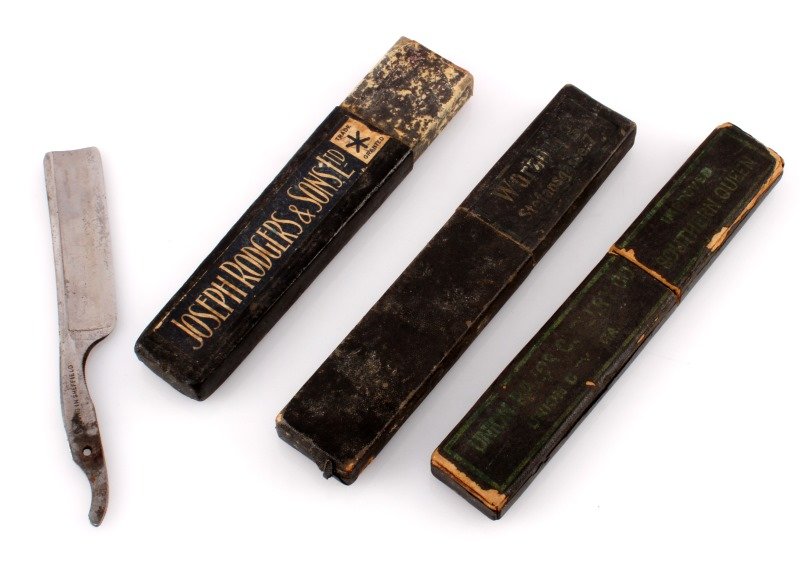 3 PIECE LOT OF VINTAGE STRAIGHT EDGE RAZORS IN BOX: All 3 come in a small individual box 1 is missing its lid. All boxes in fair condition show signs of age and discoloration. 1st is marked RY. John Shaw Sheffield. The blade itself is rough and jagged.