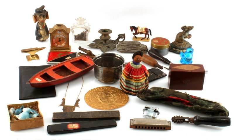 MIXED VINTAGE AND ANTIQUE GRAB BAG TOOLS TOYS ETC: Vintage and antique grab bag lot including toys, costume jewelry, clocks, toys, and more.