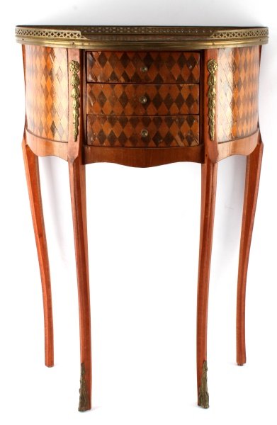 LOUIS XV STYLE HALF MOON WINE TABLE CONSOLE: A vintage Louis XV demi lune wine table or console with three drawers. Covered with diamond chequered veneer and fitted with ornate brass accent pieces. Stands hes tall and measures 19.75 inches wide.