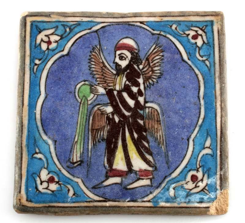 ANTIQUE MIDDLE EASTERN HAND PAINTED SIGNED TILE: Antique Middle Eastern Hand Painted Mono Chromed Ceramic tile, signed on back. Size 6x6, small chip on right bottom corner, otherwise good condition.