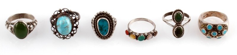 STERLING SILVER VINTAGE RING LOT SIX TURQUOISE: Lot of six vintage sterling silver rings with various stones including turquoise. Some tarnishing due to age, but overall good condition. Sizes 4, 6.5, 7, 9.One ring has two swastikas on the shank.Thi