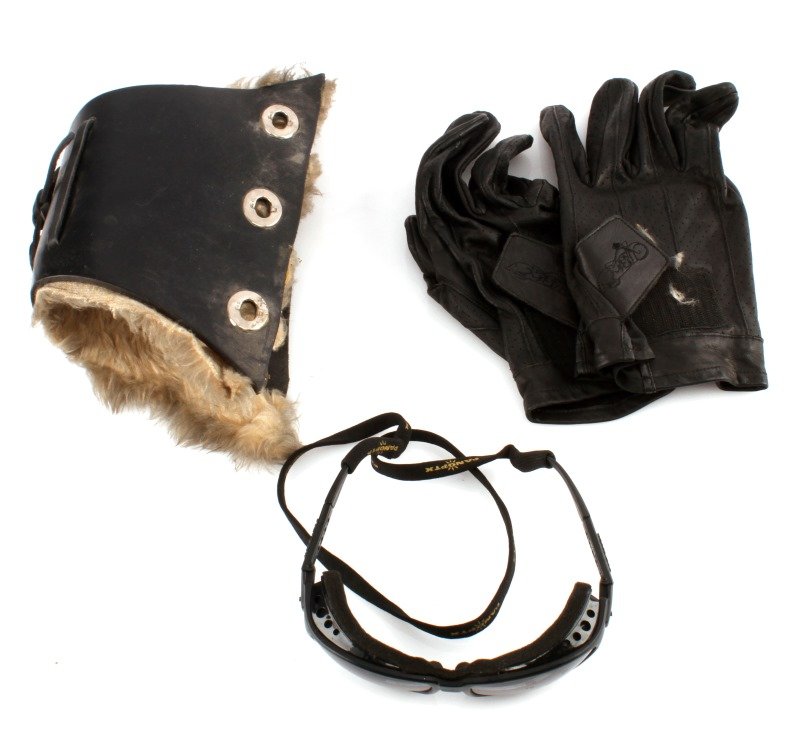 MOTORCYCLE LEATHER WRIST STRAP GLOVES AND GLASSES: Wrist strap is 2 pieces of leather bond together. Missing leather tie. Gloves are XL. Shell is leather with nylon lining. Glasses are Glasses are Pan-optx Raptor. All are in good condition.