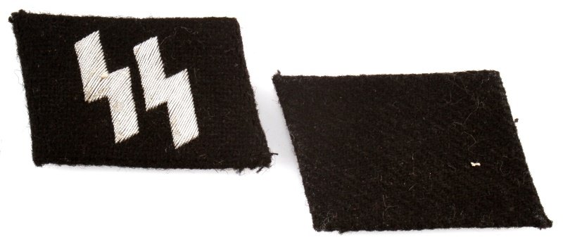 GERMAN WWII THIRD REICH SS MANN COLLAR TABS: Set of WWII German Third Reich collar tabs. Would have been worn by an SS Mann, type 3 design. Some traces of glue on the reverse, but overall good condition.