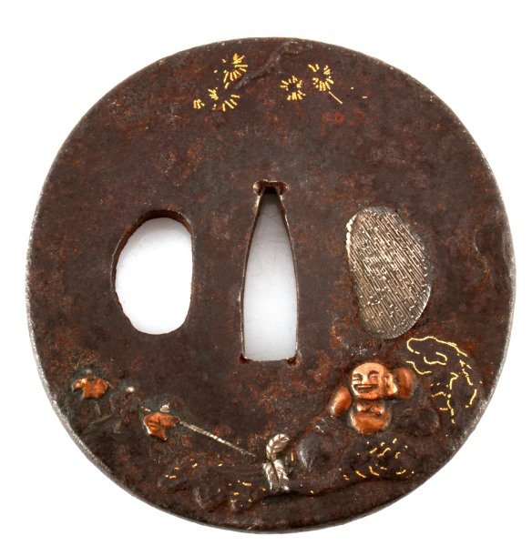JAPANESE KATANA TSUBA WITH LAUGHING HOTEI MOTIF: Iron tsuba with Hotei motif inlayed with gold and copper. In very good condition with some patina. Measures 68mm by 72mm by 3.75 mm thick.