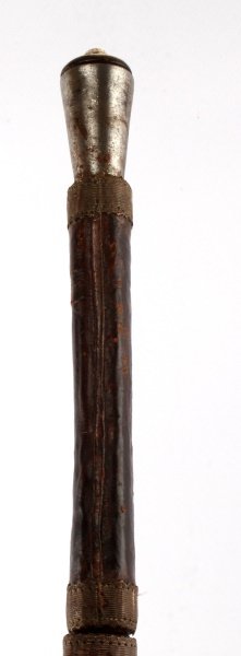 EXCELLENT SOLINGEN SWORD CANE WALKING STICK: 19TH Century Solingen made blade, bone chape, leather and silver wrapped grip, copper ferrule tip, circles carved into cane, blade in addition to being stamped Solingen, reads made in Germany, also D&