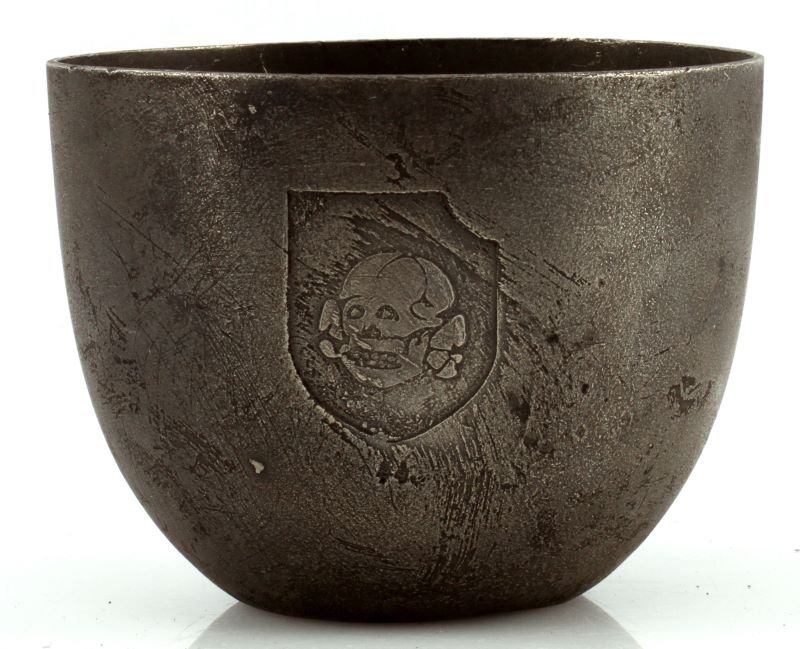 WWII GERMAN 3RD SS PANZER DIV PEWTER DRINK CUP: Unmarked Third Division death head front, overall good condition. Unauthenticated sold as is.