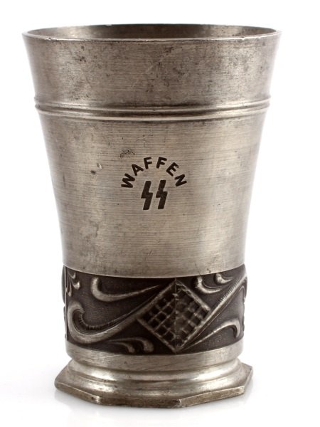 WWII 2ND SS PANZER GRENADIER DIVISION PEWTER CUP: Makers marked base, stands 4 inches with 2nd Division crest. Unauthenticated sold as is.