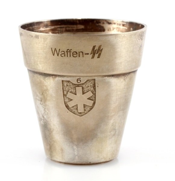 WWII GERMAN WAFFEN SS 6TH DIVISION SCHNAPPS CUP: Base is RZM marked and stamped M8/43, stands 2 6/8 inches. Unauthenticated sold as is.