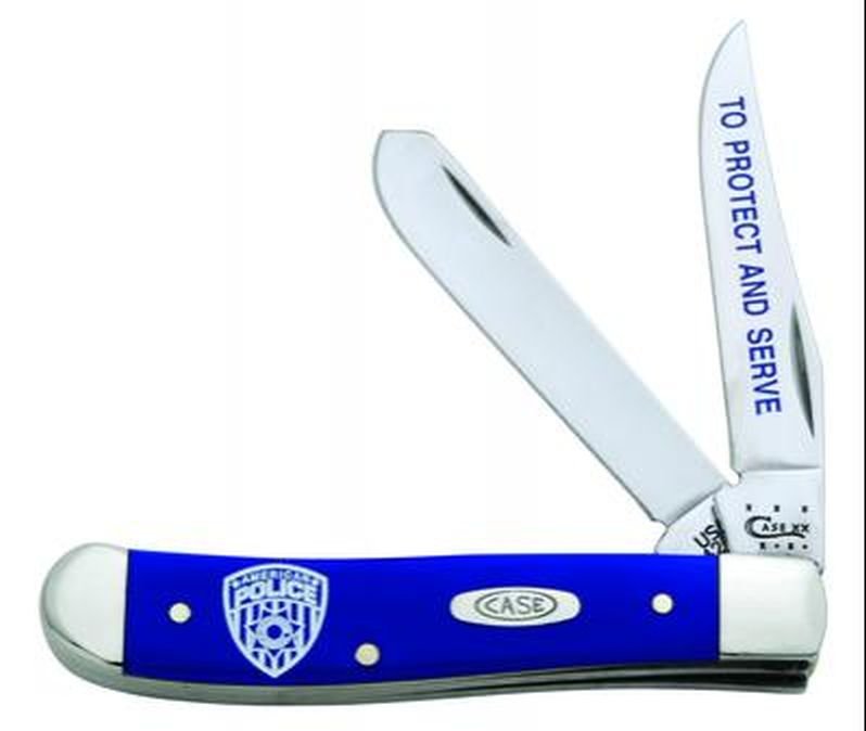 CASE XX 05453 AMERICAN POLICE COMMEMORATIVE KNIFE: One Case XX 05453 American police commemorative mini trapper. Item features a smooth blue synthetic handle with American police decal, and two Tru-Sharp surgical stainless steel blades. One blade has