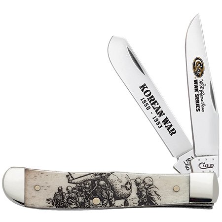 CASE XX 21751 KOREAN WAR COMMEMORATIVE TRAPPER: One Case XX Cutlery 21751 trapper. Item features a bone handle, with two Tru-Sharp surgical stainless steel blades, and nickel silver bolsters and brass liners. Item measures 4-1/8". The handle has a