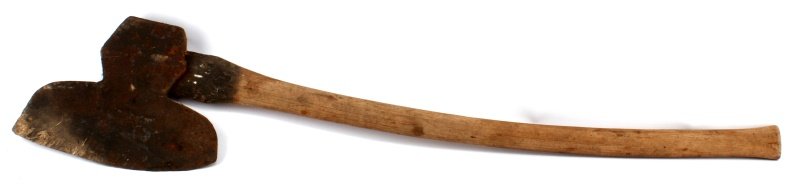 CIVIL WAR ERA OR EARLIER IRON BROAD AX AXE: Unmarked, with handle, 11 inch blade overall length 36 inches.