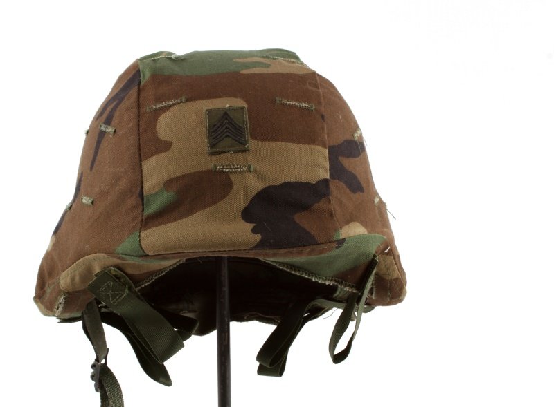 DESERT STORM ERA PASGT SGT STRIPED KEVLAR HELMET: Woodland pattern camo, someone hand wrote USAF inside, large size.