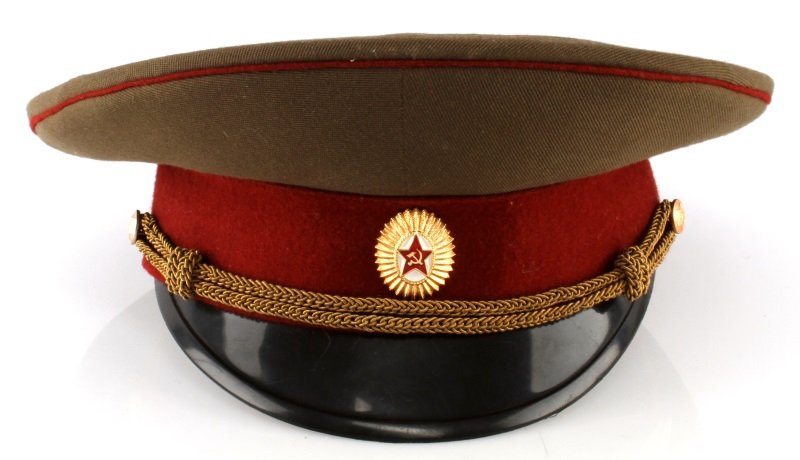 VINTAGE RUSSIAN SOVIET USSR VISOR CAP SIZE 59: Vintage Soviet M36 infantry visor cap with bullion chord and enamel badge. Olive green body with red wool band. The interior has a khaki lining with brown sweatband. The interior has a maker's label a