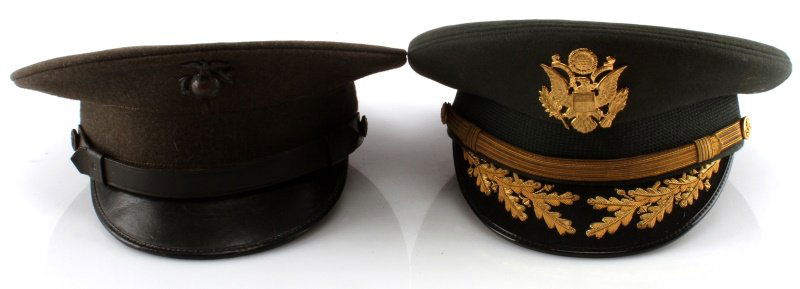 VIETNAM ERA USMC MARINE & ARMY LT COL VISOR LOT 2: Private purchase German fur the Eagle Cap Denver, Co. LT. Colonel visor size 7 1/4, very good problem free condition, and a enlisted USMC visor with metal EGA.