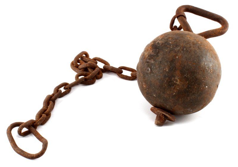 ANTIQUE PRISONER OR SLAVE BALL AND CHAIN: Weighs 34 pounds, measures 35 inches with chain.