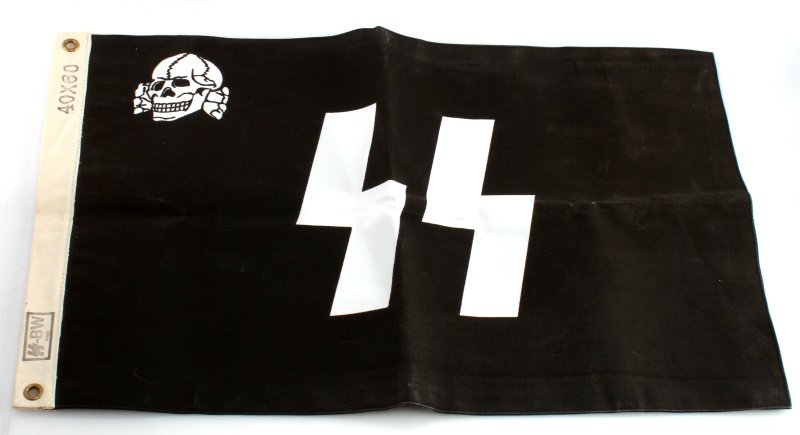 WWII GERMAN 3RD REICH SS DEATHHEAD FLAG: Measures 23" by 14 1/2". Black flag with white SS and death head. marked SS BW. Unauthenticated sold as is.