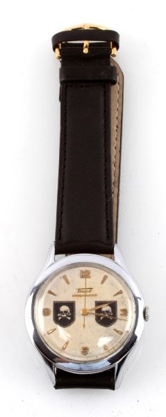 WWII GERMAN THIRD REICH SS DEATH HEAD WATCH: Reads Tissot Automatic but it another self wound brand. Wearable, reproduction watch.