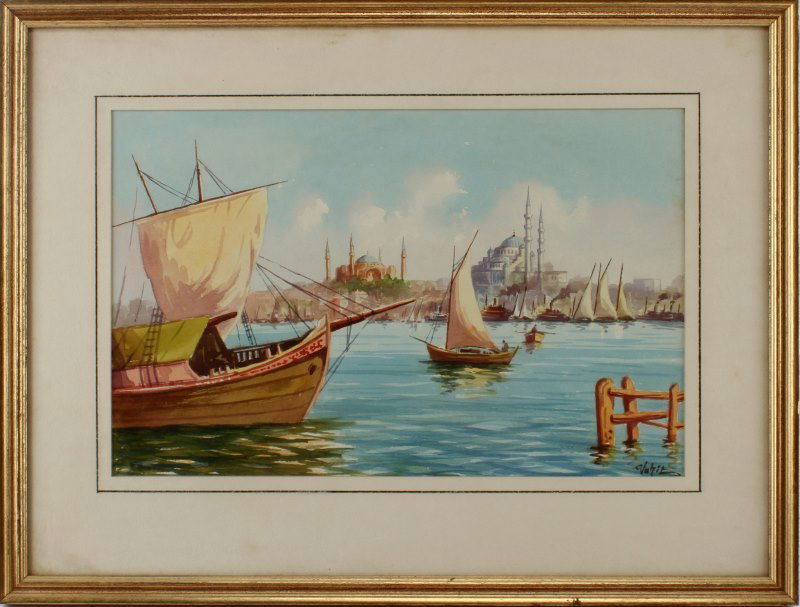 ORIGINAL WATERCOLOR VAHIT ARMAGAN (TURKISH 20TH C): Original watercolor painting by 20th century artist Vahit Armagan. View of Istanbul from the Bosphorus Strait. Appears to be free from damage but has not been examined outside of the frame. Signed low