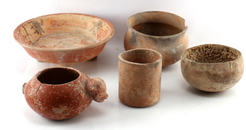 PRE COLUMBIAN MAYAN POTTERY PIECES LOT OF 5 BELIZE: Group of 5 bowls/jars from the New River region in Belize. Lot includes: wide mouth pot (7 by 5 inches), broken red bowl with zoomorphic face as handle (8.5 by 4.5 inches), cylindrical jar (4.5 by 5 i