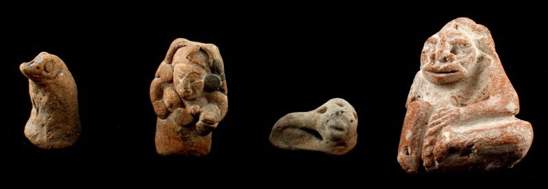 PRE COLUMBIAN BELIZE MAYA EFFIGY FIGURINE LOT: From the New River, Lamanai region of Belize, the 113 mm larger piece is missing an arm, the remaining pieces are not complete. Guaranteed authentic.