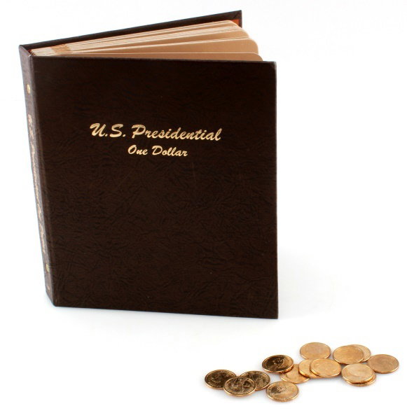 US PRESIDENTIAL DOLLAR COLLECTION ALBUM & SINGLES: Partial set of US Presidential dollars in deluxe Dansco album with 24 coins from 2007 Washington to 2011 Hayes. The Dansco album includes presidential portraits and fast facts of historical nature; a 