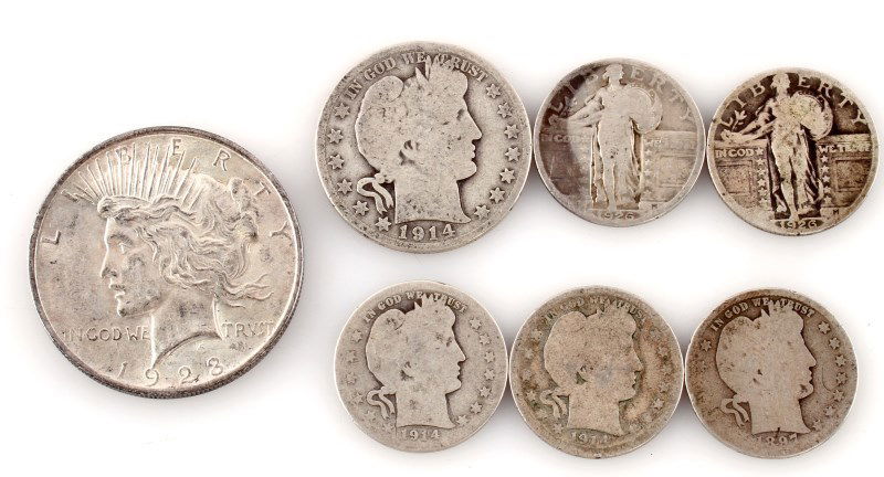 BARBER STANDING PEACE SILVER LOT OF 7: Assorting silver lot as follows: Barber quarters of 1897 AG, 1914-D G, 1914 AG; Standing Liberty quarters of 1926 (2) G; Barber Half of 1914-S G; and a 1923 Peace Silver Dollar in XF or better.