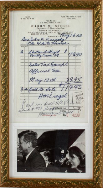 MR. JOHN F. KENNEDY JACKIE RECIEPT FOR LIQUOR: With COA . Original handwritten reciept From Harry M. Siegel importer and wine merchant. Signed by Sigel. The reciept shows 119.85 for various items charged to Mrs. J. Kennedy address the White House,