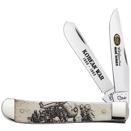 CASE XX 21751 KOREAN WAR COMMEMORATIVE TRAPPER: One Case XX Cutlery 21751 trapper. Item features a bone handle, with two Tru-Sharp surgical stainless steel blades, and nickel silver bolsters and brass liners. Item measures 4-1/8". The handle has a