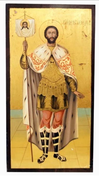 ANTIQUE 19 CENTURY ICON OF ALEXANDER NEVSKIY: Antique 19c Russian icon of the Alexander Nevskiy.Hand painted with egg tempera and gesso on wood panel Size : 11 3/4 × 6 inches . This lot has a reserve.