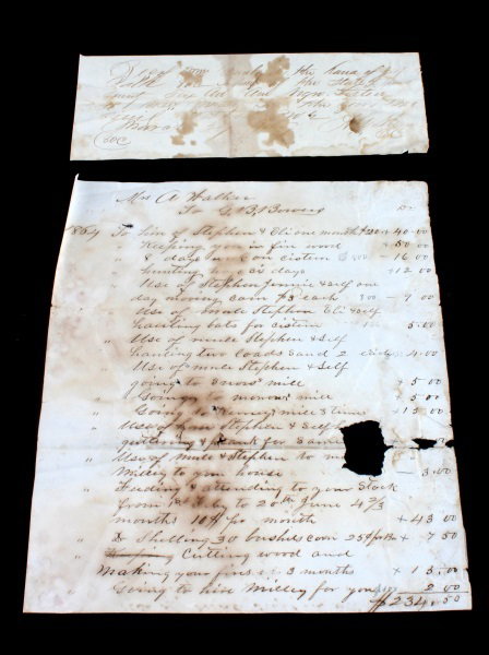 2 SLAVE DOCUMENTS TRANSFER AND HIRE BILL: A bill dated 1864 for expenses associated with the hire of slave Stephen, and a second for the transfer of Negro sister. Both good condition.