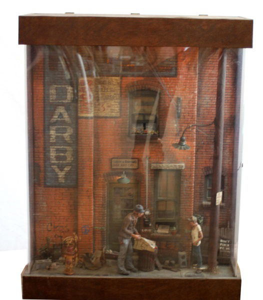 MICHAEL GARMAN (AMERICAN 1938) CITYSCAPE SCULPTURE: Original Michael Garmin (American, 1938-) three dimensional cityscape sculpture. Garman is known for his three dimensional cityscapes depicting "gritty" American city life. This large work depicts one