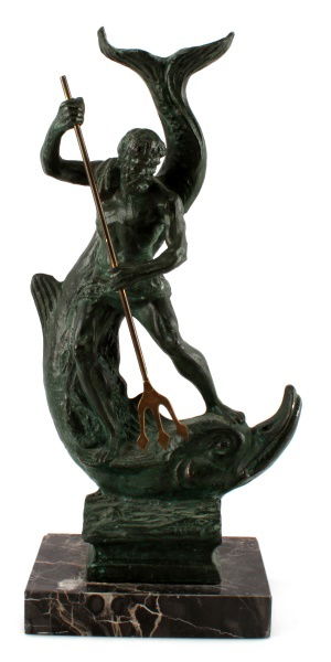 BRONZE STATUE OF NEPTUNE RIDING A LARGE FISH: Measures 16" tall on attached marble stand. Neptune is riding atop a large fish with his trident. In good condition.