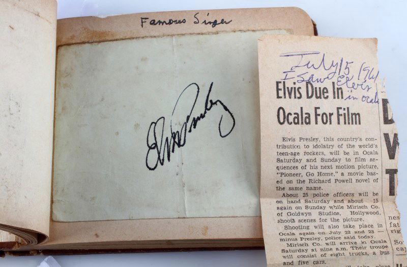 FLORIDA BOY'S AUTOGRAPH BOOK 1960'S ELVIS LBJ: A great autograph book belonging to James Weston Taylor, the earliest date is 1956 and starts out with mostly family members signing, the first celebrity is an actor from The Smiley Bernet Show "Frog"