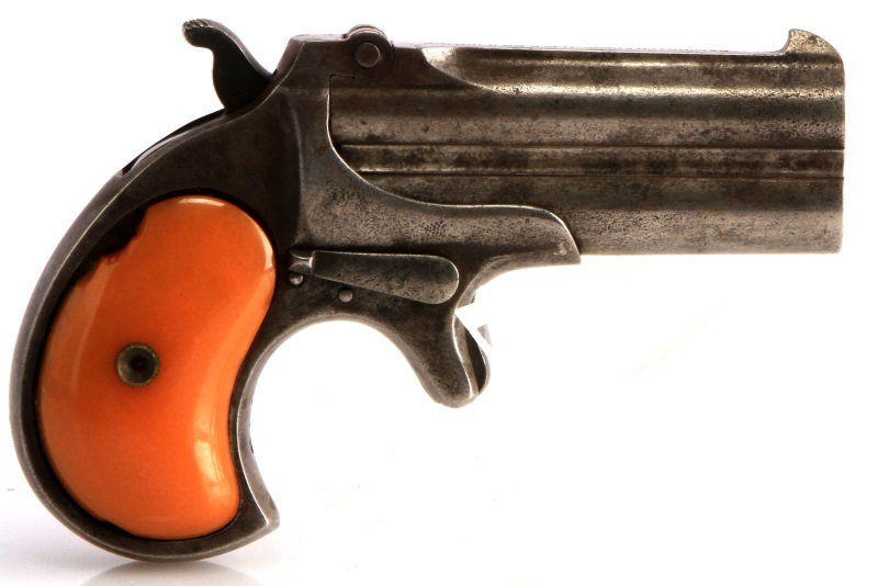 REMINGTON MODEL 95 TYPE III DOUBLE DERRINGER .41RF: Remington Model Type III Double Derringer pistol in .41RF. 3 inch barrel marked with maker to top and serial no. to underside. Smooth with scattered darker grey patina. Little pitting to bore but clea