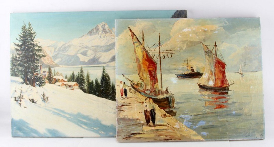 TWO MID-CENTURY AMERICAN LANDSCAPES: One oil on canvas Canadian landscape signed "A. Gruber 1957 Winter 3" measures 21" x 30". Some small spots and yellowing. Heavily painted seascape oil on canvas measures 20" x 24", signed illegible. Y