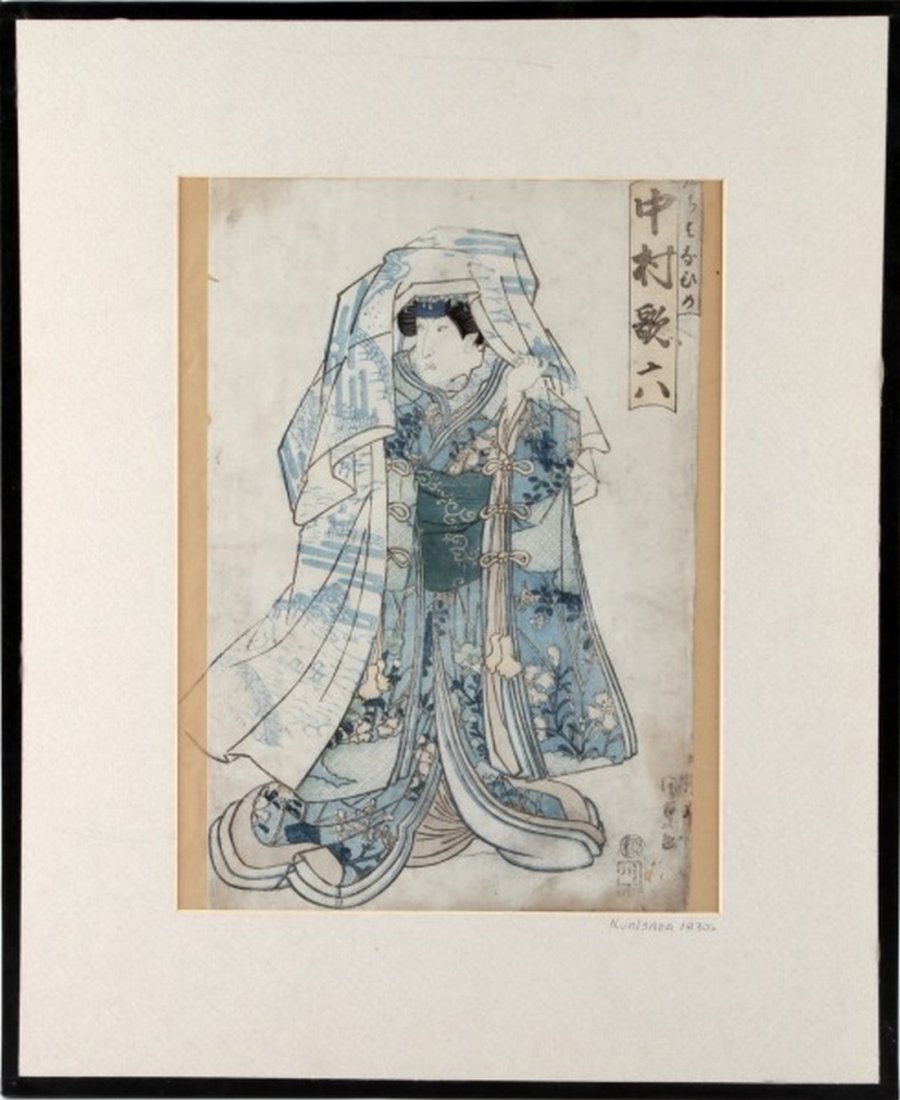 KUNISADA (JAPAN, 1786-1865) UKIYO-E PRINT C.1830: Kunisada, Utagawa (Japan, 1786--1865) Ukiyo-e woodblock print. 8 5/8" x 13 3/8 inches sight, matted to 16x20 inches. Some smudging and loss at edges. Overall in very good condition.