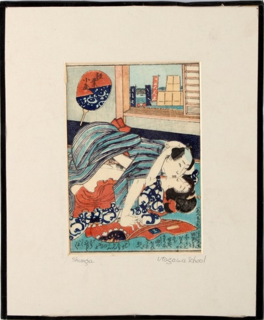 UTAGAWA SCHOOL SHUNGA EROTIC UKIYO-E PRINT: Unidentified Utagawa school erotic shunga print or lovers with a landscape. Measures 4" x 6" sight matted to 8" x 10". Very good condition.