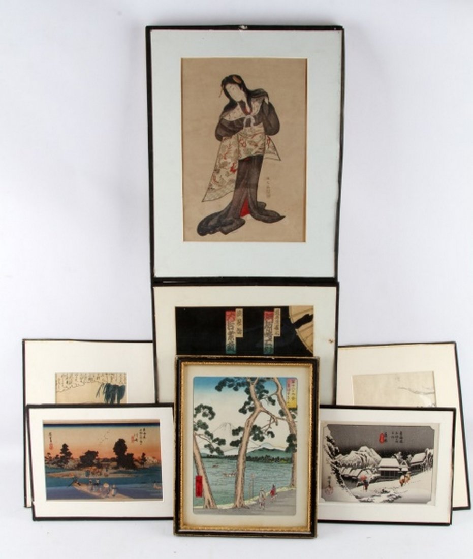 7 UKIYO-E PRINTS MORIKUNI, HIROSHIGE & MORE: 7 Ukiyo-e woodbloack prints. One uncolored print of Samauri approaching a woman, mat marked "Morikuni, 1740" (6" x 8" sight). One of an old man in a boat, mat marked "Masalzayn 1790", (5" x 6 1/2"). T