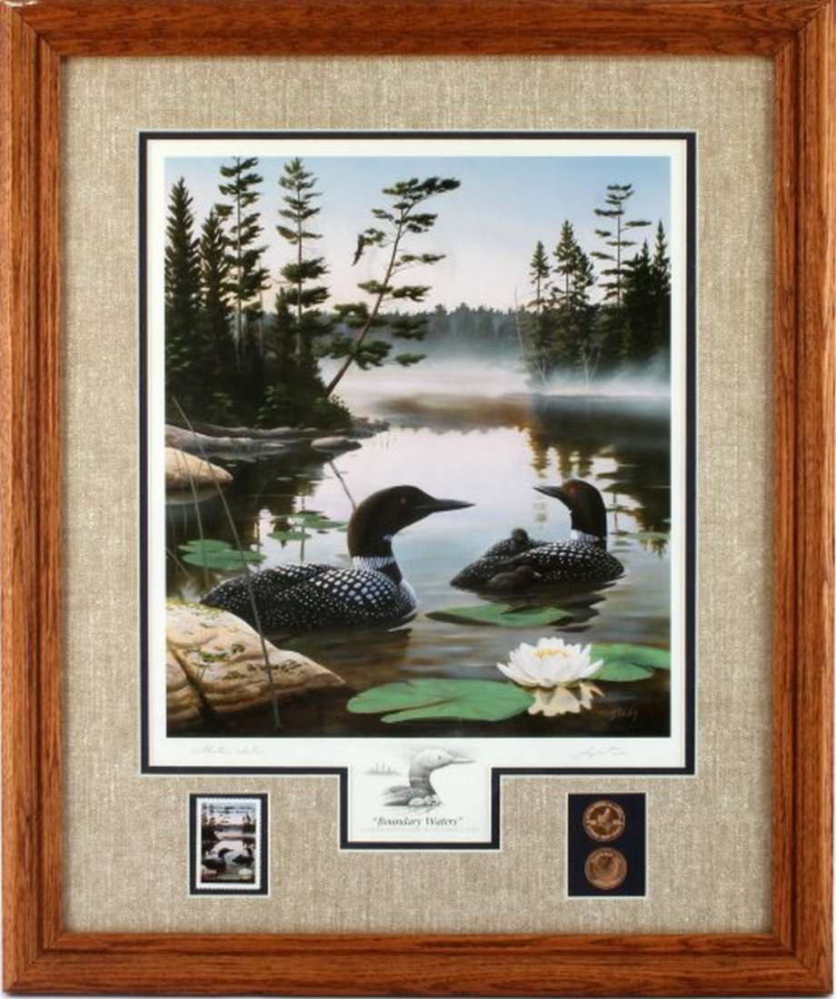 1990 BOUNDARY WATERS LEO STANS L/E SIGNED PRINT: With national Park stamp and two commemorative medals, framed measures 20 by 27 inches with frame, Limited Edition signed.