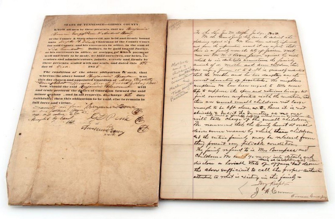 2 PIECE LOT TENNESSEE OF COURT SLAVE DOCUMENTS: In good condition shows signs of age and discoloration. 1st is a family charged with cohabitation with slaves Madison County Tennessee dated 1848, 2nd slave put up for bond Gibson co Tennessee dated 1
