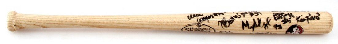 LOUISVILLE SLUGGER MINIBAT SIGNED BY FSU BASEBALL: Louisville Slugger mini-bat FSU baseball emblem approximately 16 signatures, measuring 17.5 inches in length. In very good condition with clear signatures.