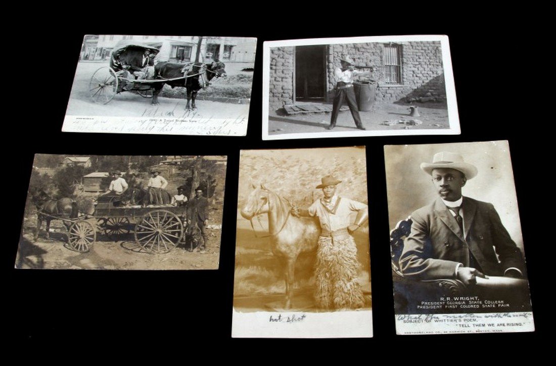 FIVE ANTIQUE NEGRO POST CARDS OF AFRICAN AMERICANS: Five antique postcards of African Americans. Measure 3.5 by 5.5 inches. In very good condition.