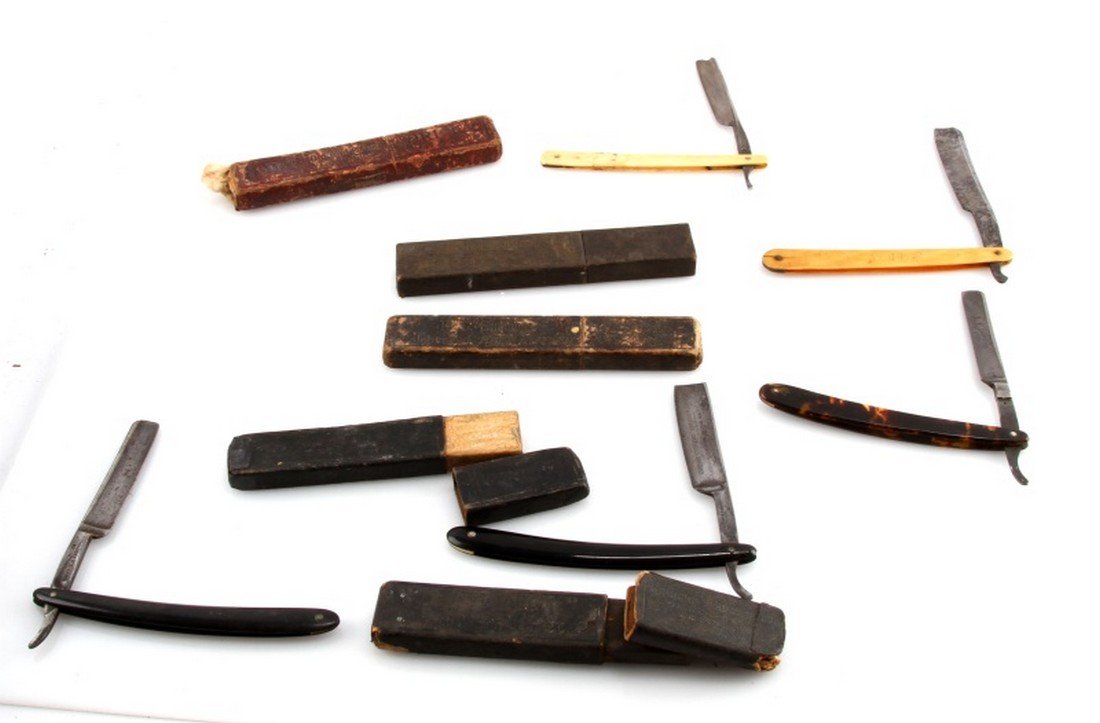 5 BOXED ANTIQUE STRAIGHT RAZOR LOT ALL DIFFERENT: Includes Geo. Wostenholm & Son, very good, Wade & Butcher Sheffield, very good, 1266 Keen Kutter with tortoise handle, very good, Klos Tornblom , Sweden with ivory handle very good, Georgian crown mar