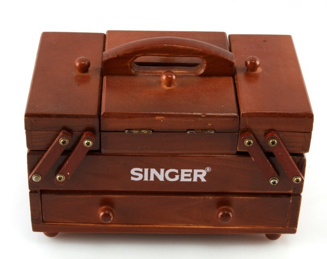 VINTAGE SINGER SMALL ACCORDION SEWING BOX: Appears unused with clean doors and drawers, small measures 8 by 4.