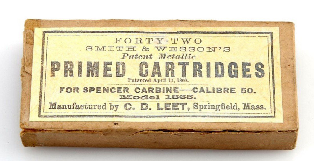 CIVIL WAR ERA METALLIC CARTRIDGE SPENCER CARBINE: Smith & Wesson patent metallic primed cartridges, patented April 17, 1860. For Spencer Carbine - Calibre 50. Model 1865. Manufactured by C.D. Leet, Springfield Mass.