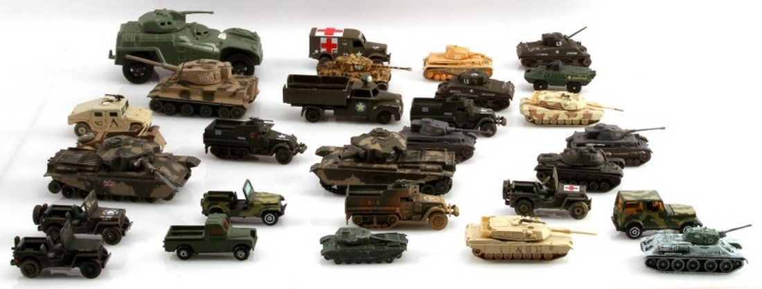 LOT OF 29 ASSORTED MILITARY TOY CARS TANKS & MORE: Consisting of: Corgi Toys Riger I, Corgi Toys Centurion MKII, Corgi Panzer IV tank, Commando V100 Corgi Juniors, Corgi WC54, Corgi Kubelwagen, Corgi Willys Jeep, Corgi Sherman Tank, Corgi HMMWV, Tekno