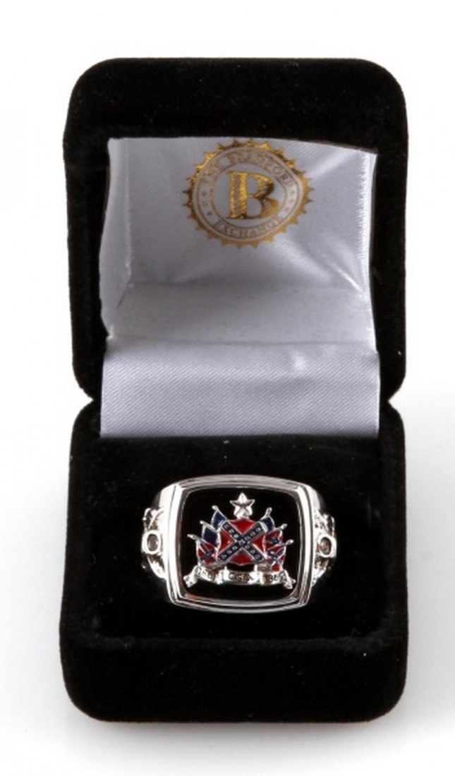 PRIDE OF THE SOUTH CSA SILVER RING SIZE 10-1/2: One CSA ring. Item has a Dixie flag on the front of it, and dates 1861 and 1865. On inside of ring it says "Pride of the South." Ring manufactured by the Bradford Exchange."