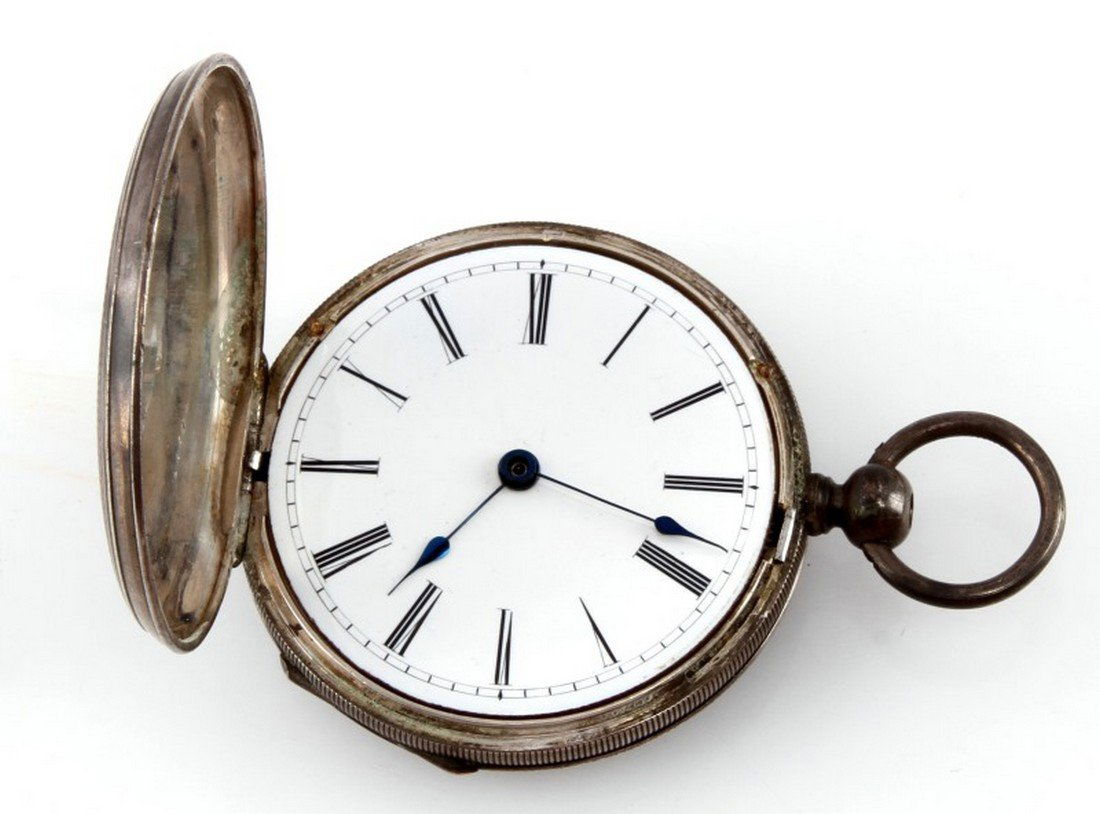 ANTIQUE DUPLEX ESCAPEMENT SILVER POCKET WATCH: 54 MM Case, does not work, inside case stamped with a star and a O, S/N 26574, face is free of cracks or crazing, case is free of dents, appears the main spring is broken other wise appears very nice.