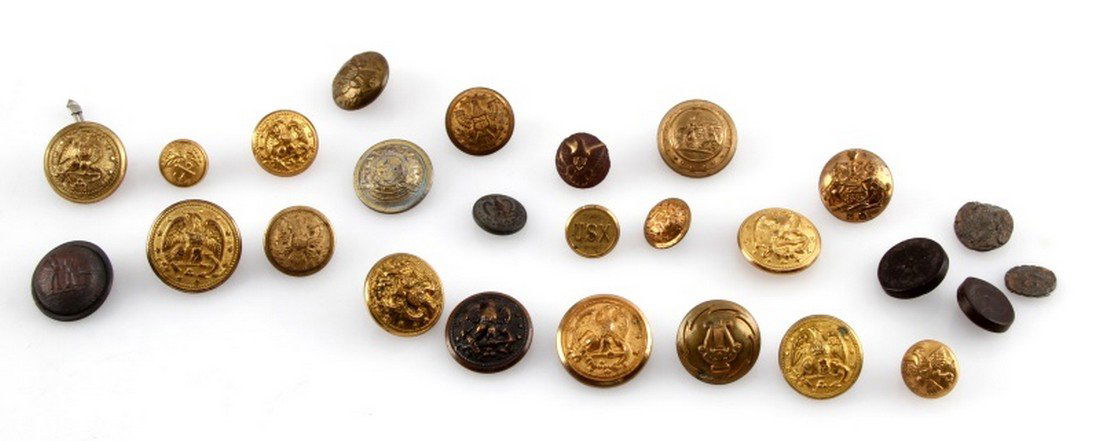 REVOLUTIONARY WAR TO INDIAN WARS BUTTON COLLECTION: Includes Continental army cast pewter one 2nd Regt. no shank, federal eagle dug with heavy environmental damage, 2 Goodyear 1851 patent buttons, state National Guard buttons, Naval coat and cuff butto