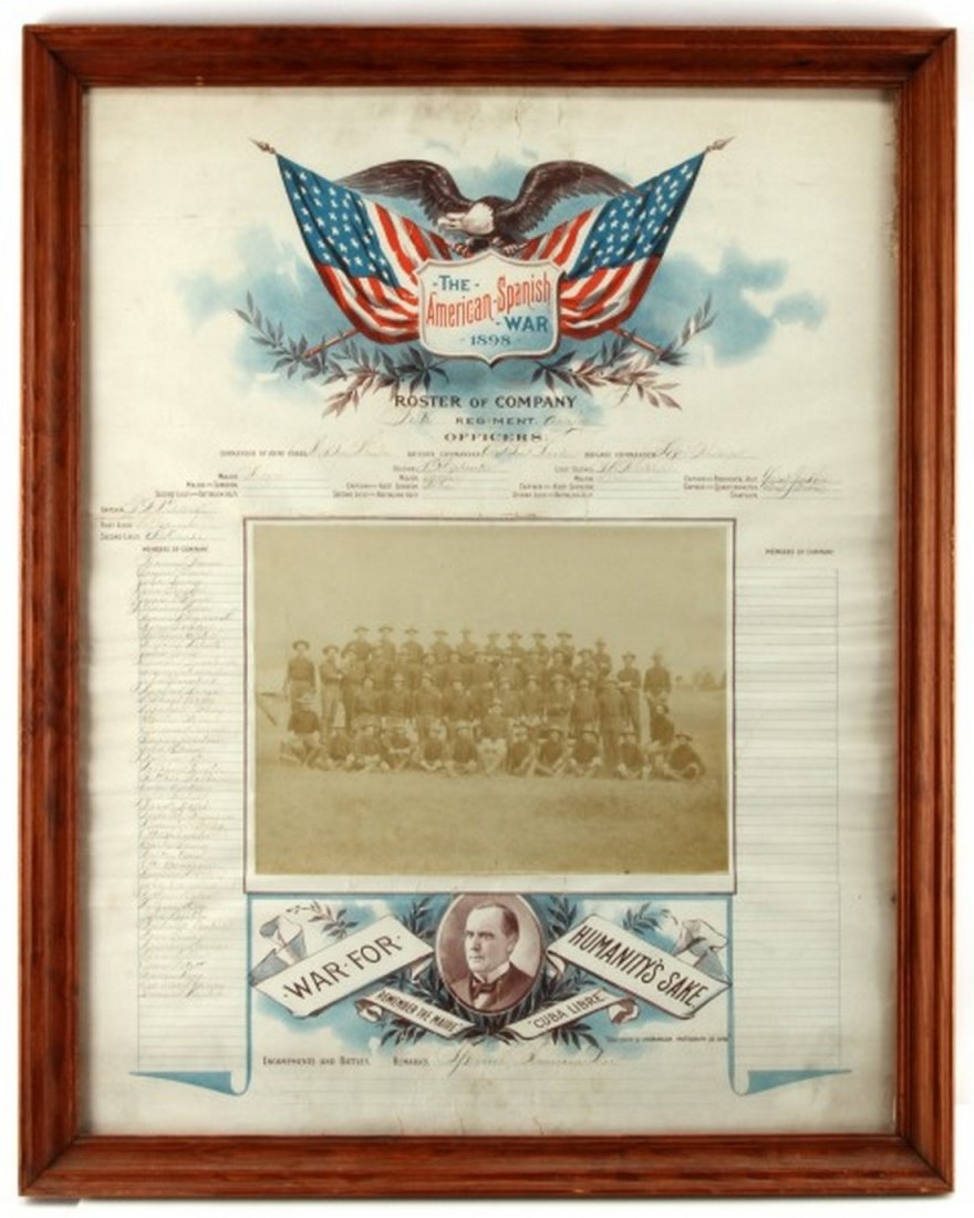 SPAN-AM WAR COMPANY F 5TH REGIMENT CAVALRY ROSTER: Spanish American War Company F, Fifth Regiment Cavalry roster in poster form. Poster names the commander of the Army Corps--General Wheeler--as well as the division and brigade commanders. Roster then